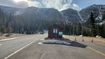 Pikes Peak this morning. The top few miles was closed for snow :(