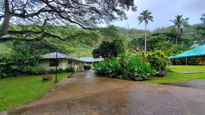Wet afternoon at Weimea Falls. Got to the top and it started raining hard. Julie and Aaron stepped in the pool below t