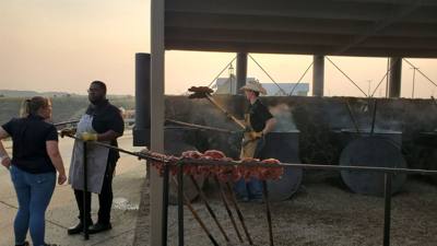 Pitchfork steak fondue for dinner.  The steak was good.  They cook them all to medium.  The view of town from there was 