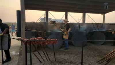 Pitchfork steak fondue for dinner.  The steak was good.  They cook them all to medium.  The view of town from there was 