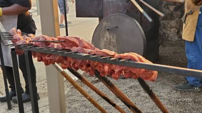 Pitchfork steak fondue for dinner.  The steak was good.  They cook them all to medium.  The view of town from there was 