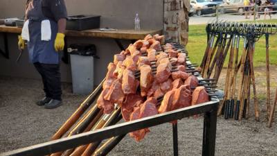 Pitchfork steak fondue for dinner.  The steak was good.  They cook them all to medium.  The view of town from there was 