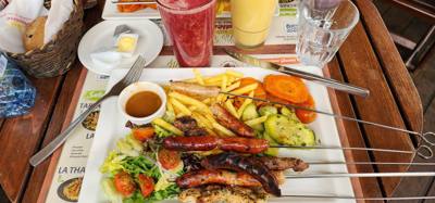 Lunch today was at La Grilladiere.  The mixed plate of skewers was delicious.  The restaurant is 'dry' as many places ar