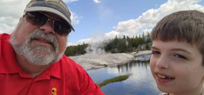 A lot of vibrant colors in some of those pools.  Lots to see here.  I couldn't get Avery to go pet a bison.  He must be 